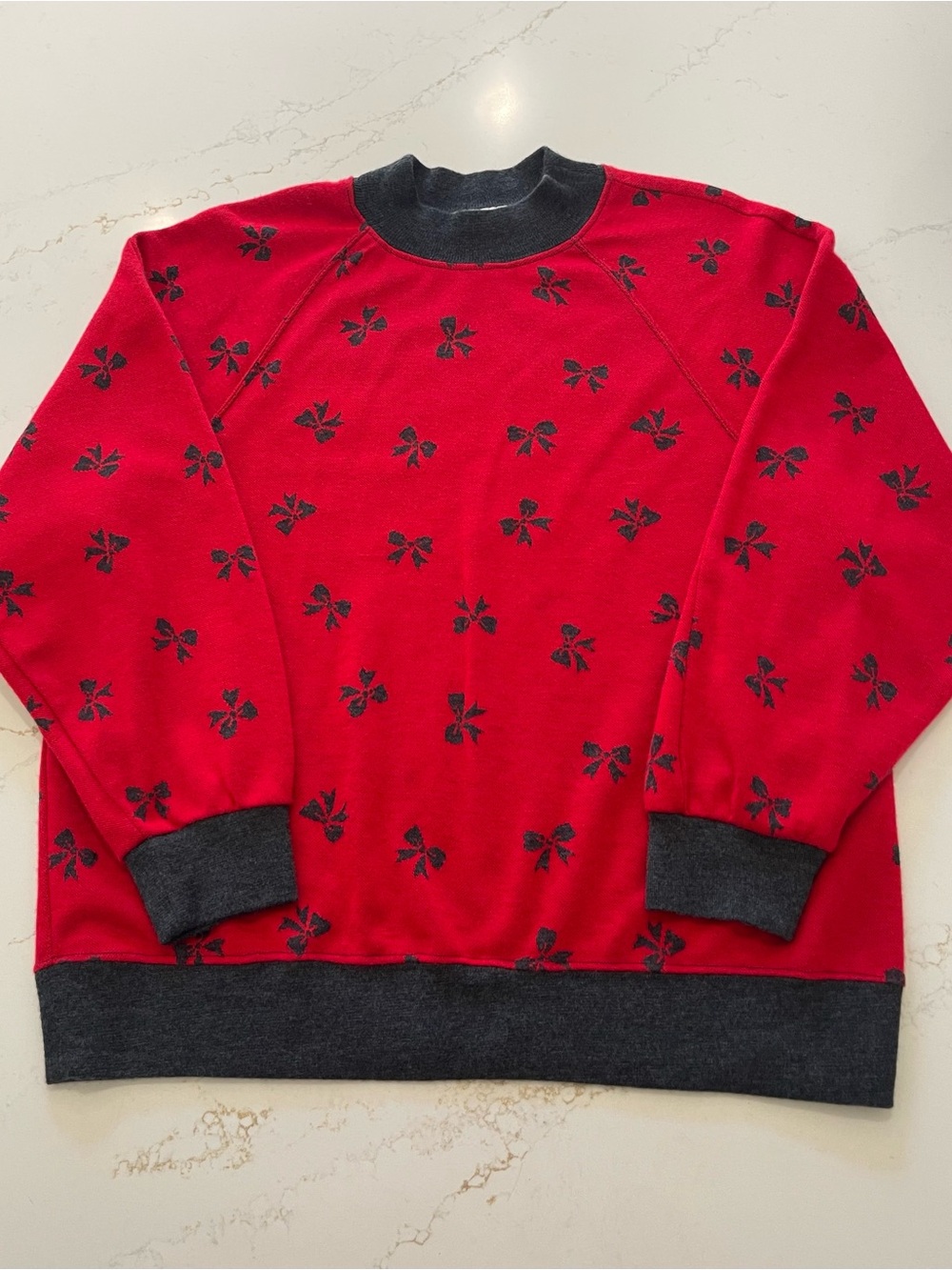 Cathy Daniels Red Crewneck Sweater with Black Gray Bow Motif